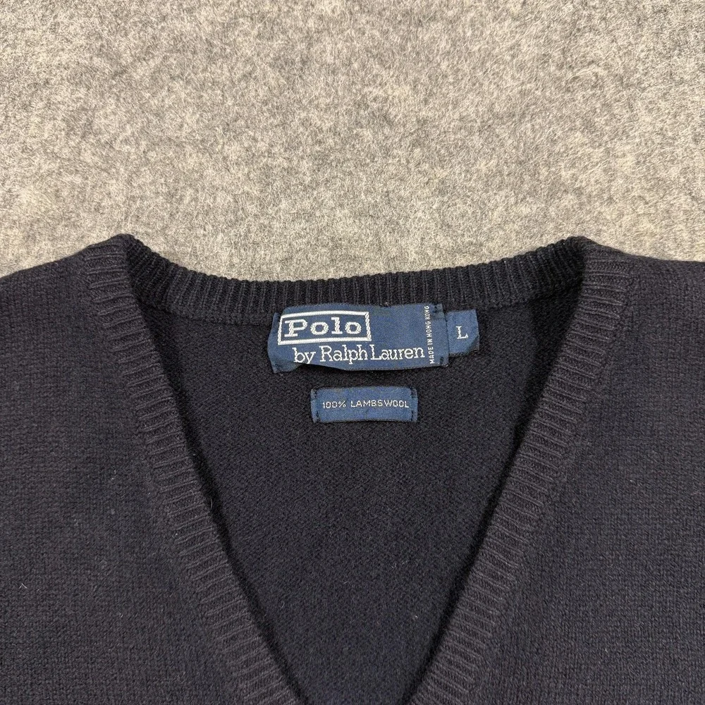 Polo Ralph Lauren Sweater Vest Mens‎ Large Navy 100% Lambswool V Neck Knit Logo
